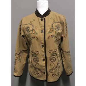 DENIM & CO Women Tan/Brown Embroidery DENIM JACKET Sz Small Great Condition A20